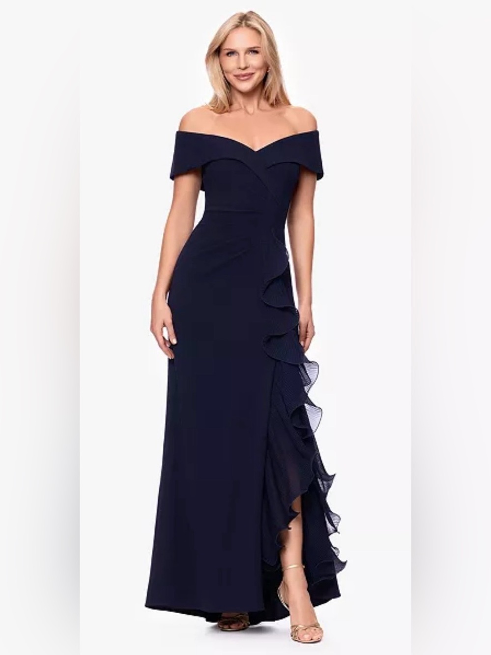 NWT Xscape Off The Shoulder Ruffled Dress in Navy Blue